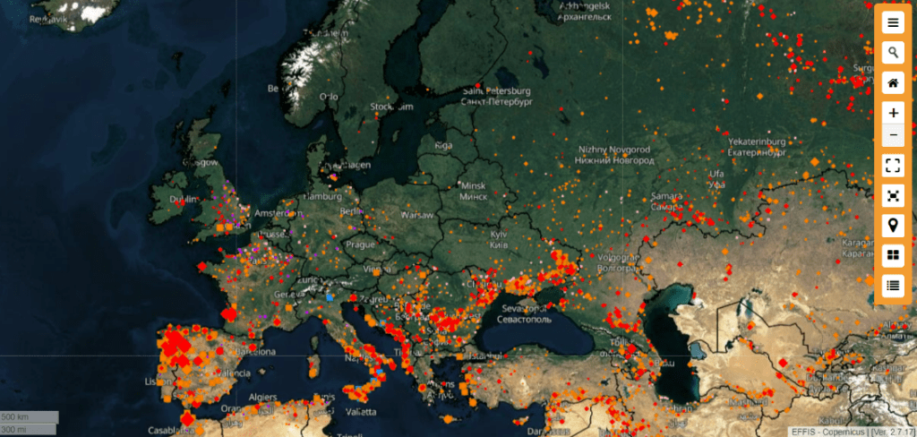 Feux de forêt actifs et zones brûlées depuis le 13 juillet 2022 dans toute l'Europe, d'après le "Current Situation Viewer" sur les feux de forêt du service de gestion des urgences COPERNICUS. Source : COPERNICUS